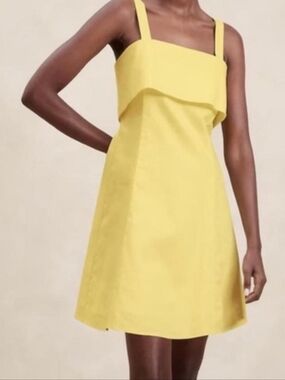 Banana Republic Linen Cotton Blend Square Neck Mini Dress Sz 14 Yellow
